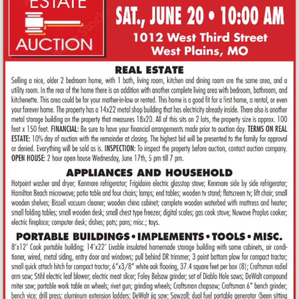 The published flyer for the June 20 estate auction at 1012 West Third Street, West Plains, from Danahy's Facebook page
