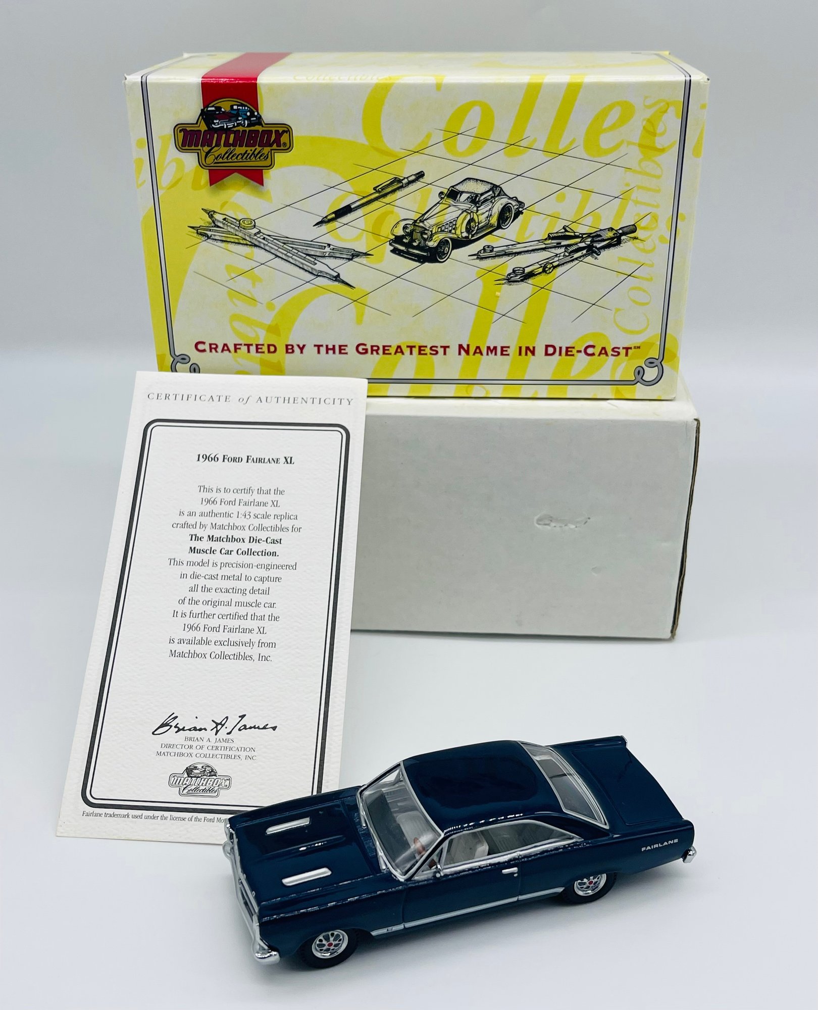 Diecast 1966 Ford Fairlane model with its box and certificate, from the Doug Harris estate catalog