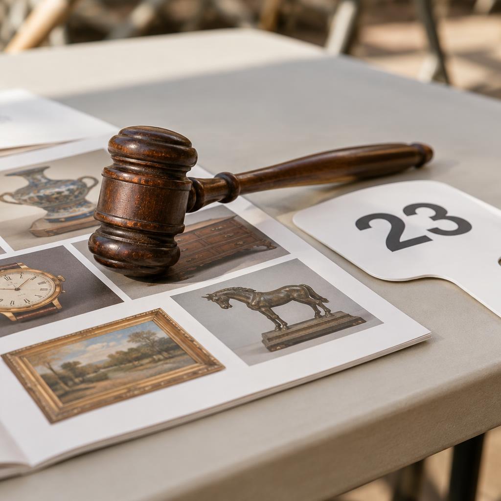 A wooden gavel resting on an auction catalog